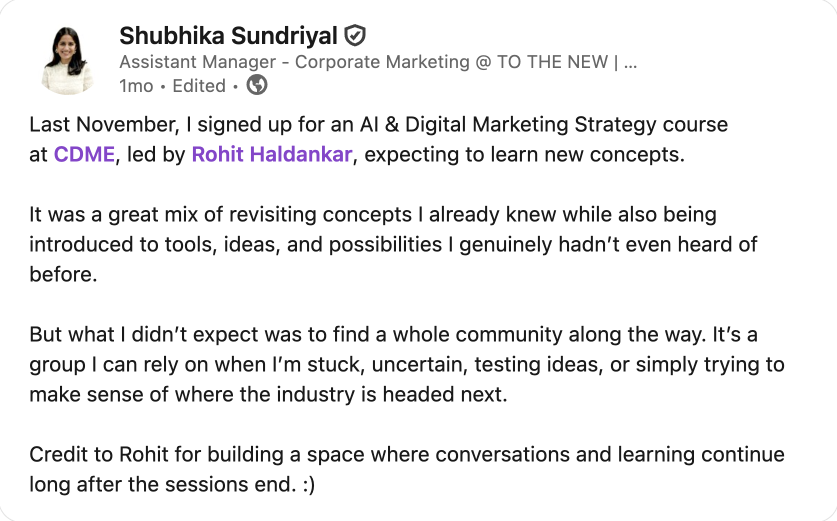 LinkedIn testimonial from Shubhika Sundriyal